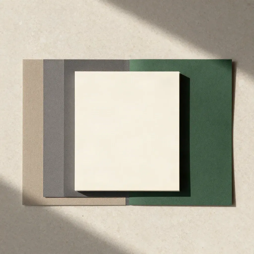 Overhead flatlay van kaarten, map en swatches op travertin, met subtiele donkergroene accenten.