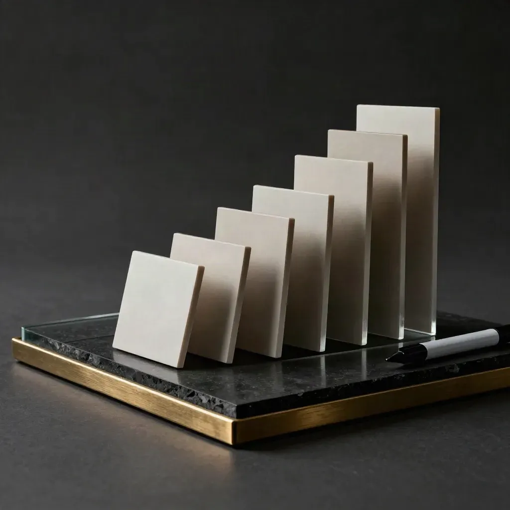 Abstract KPI-bord met magnetische tegels en glazen marker in donker studiolicht.