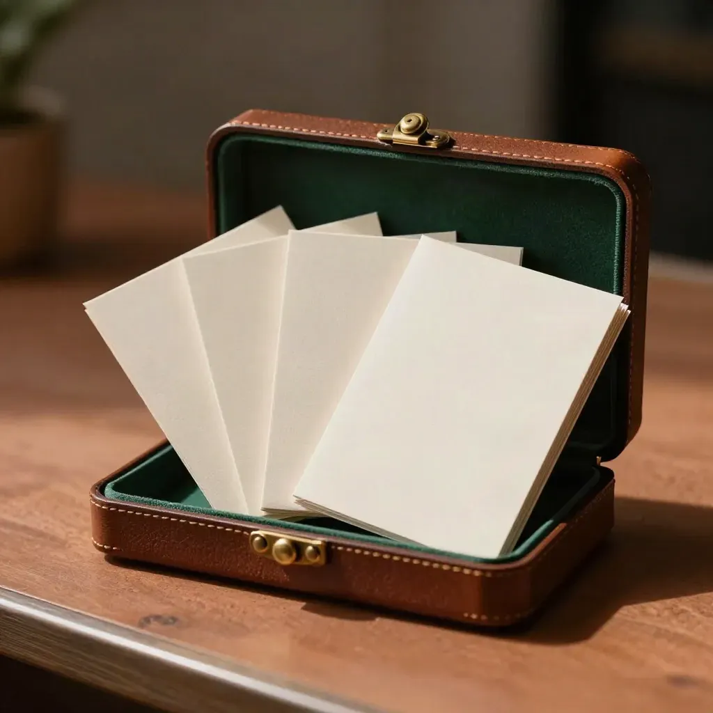 Drie luxe belscript-kaartbundels waaieren uit een open leren hoes met messing slot.
