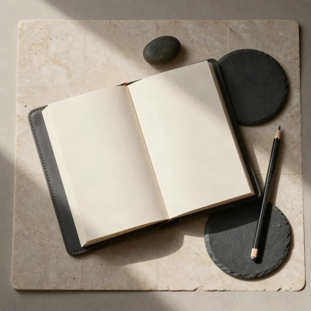 Bovenaanzicht van een coaching-set met open folio, steen, potlood en rond bord op licht steen.